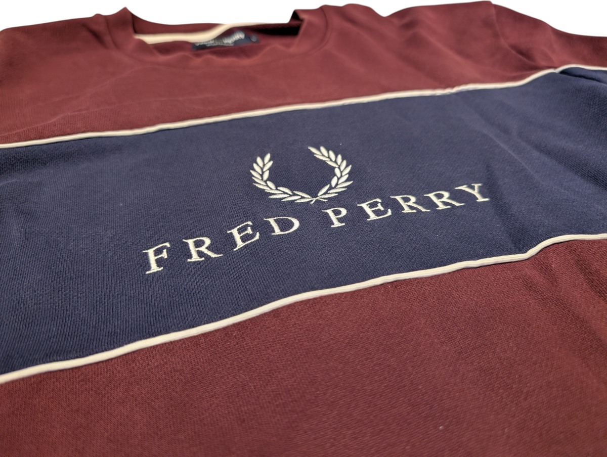 Fred Perry Panel Piped Sweatshirt Jumper Burgundy Navy Mens Size Large