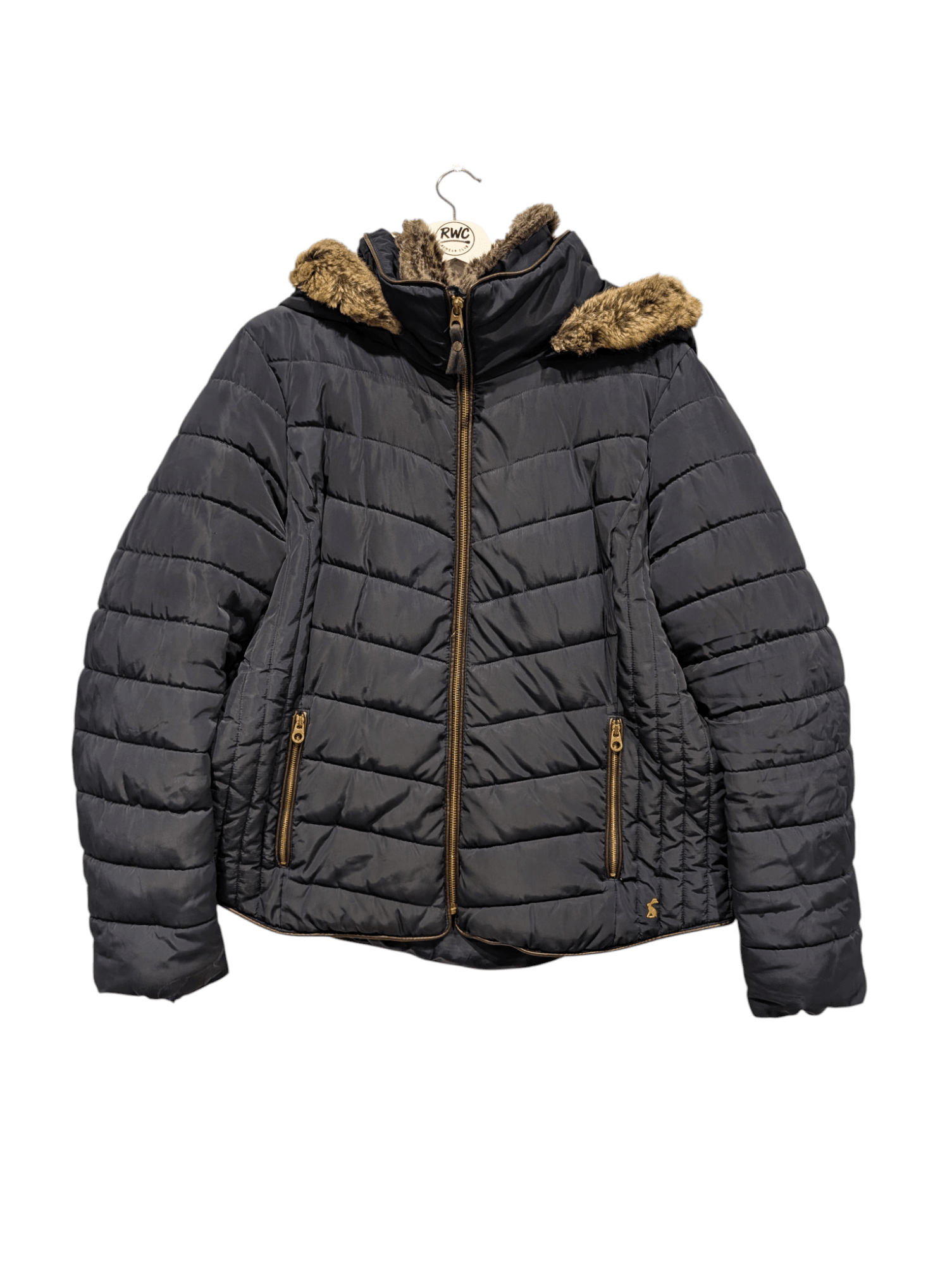 Joules Navy Puffer Jacket Womens Quilted Coat Faux Hood Winter - REWEAR CLUB