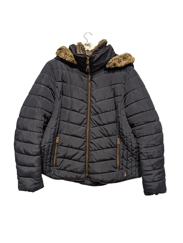 Joules Navy Puffer Jacket Womens Quilted Coat Faux Hood Winter