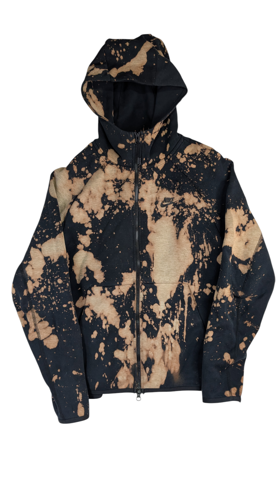 Bleached hoodie with black and beige pattern on a white background