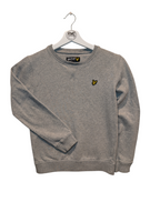 Gray sweatshirt with a yellow logo on a hanger against a white background