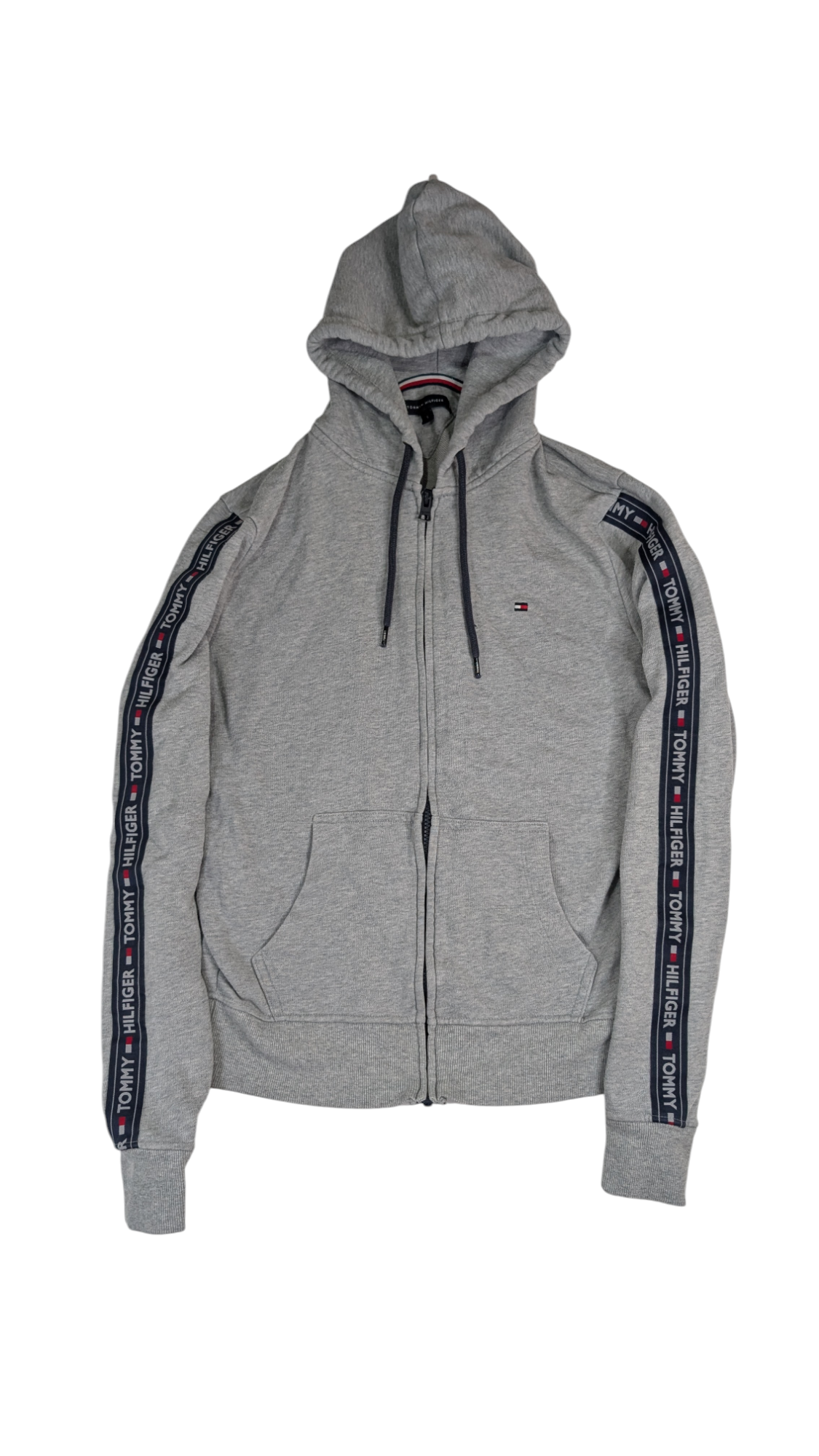 Gray hoodie with brand logos on sleeves against a white background Tommy Hilfiger 